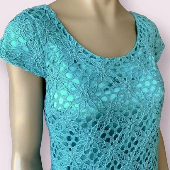 JAX Cap Sleeves Eyelet Crocheted Lace Shift Dress Pleated Hem Size 12 Teal Retro - Picture 6 of 16